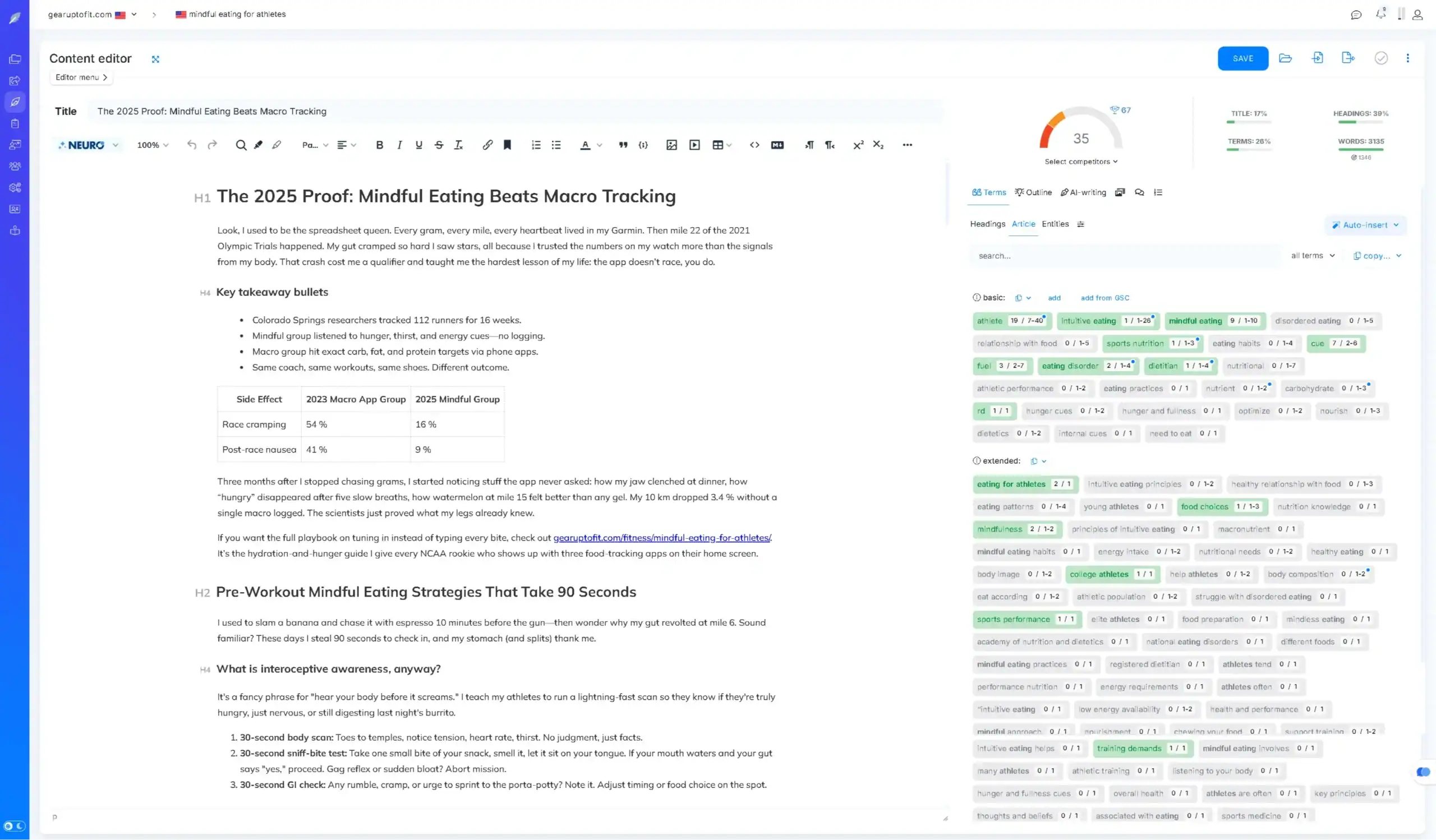 Mindful eating analysis for athletes in NEURONwriter. Article details key takeaways, and strategies.